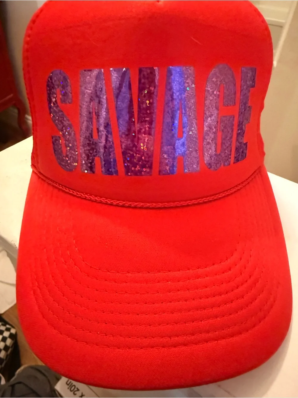 Arnie + Ollie Red Otto Hat with Purple Sparkle 'SAVAGE' Lettering